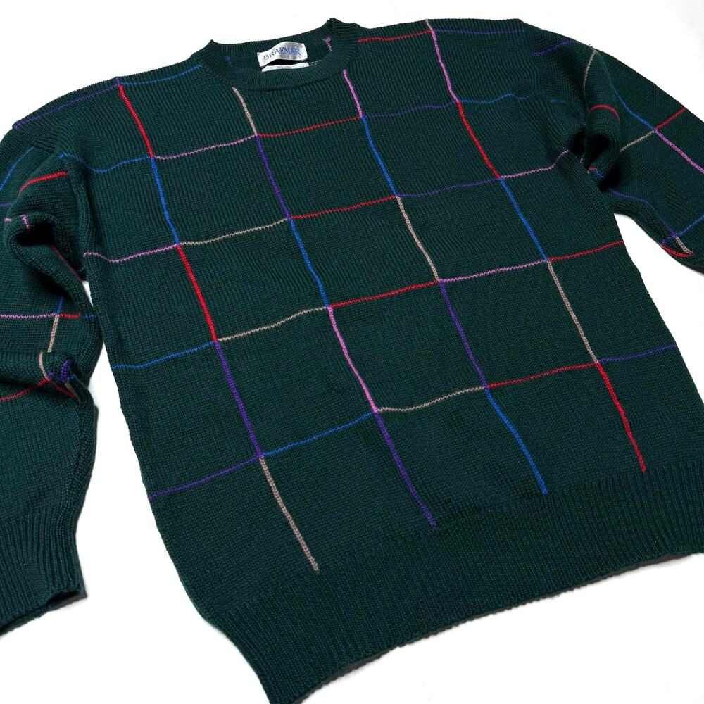 Vintage Wool Grandpa Sweater L Large Green Checkered Squares Braemar 1980s 1990s